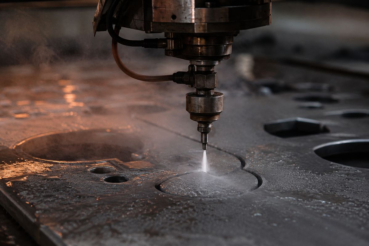Maszyna waterjet tnąca blachę stalową z użyciem garnetu