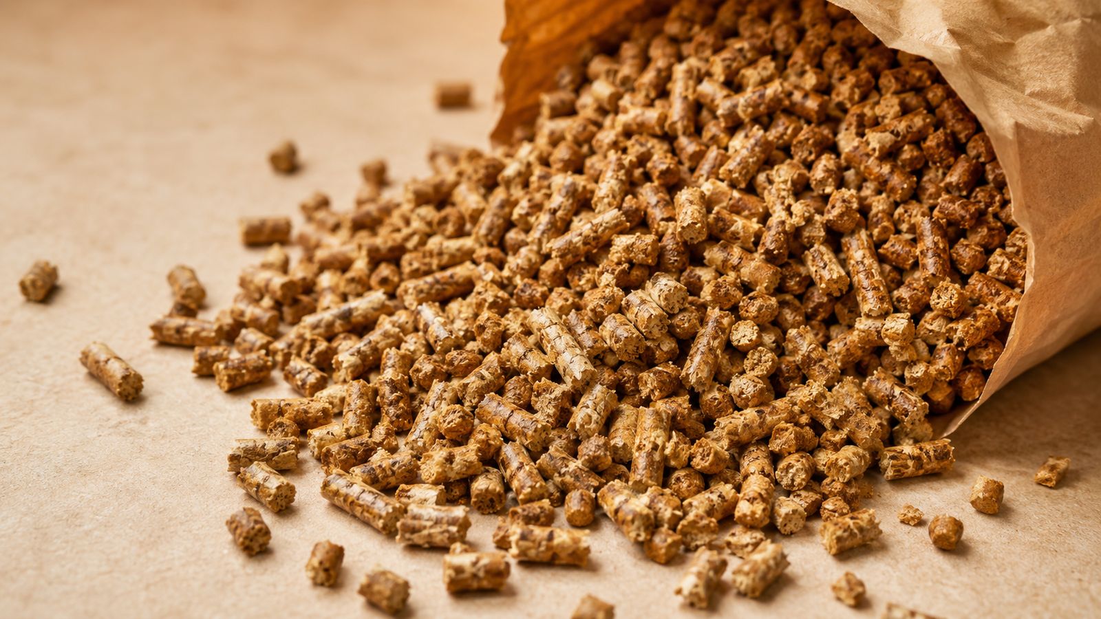 Pellet drzewny 6 mm — granulki w worku na tle palety