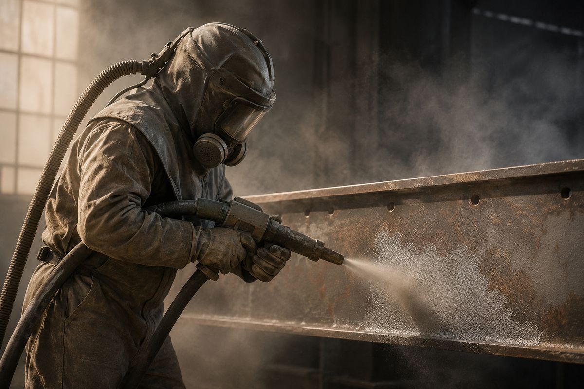 Operator w respiratorze P3 piaskujący stalową konstrukcję