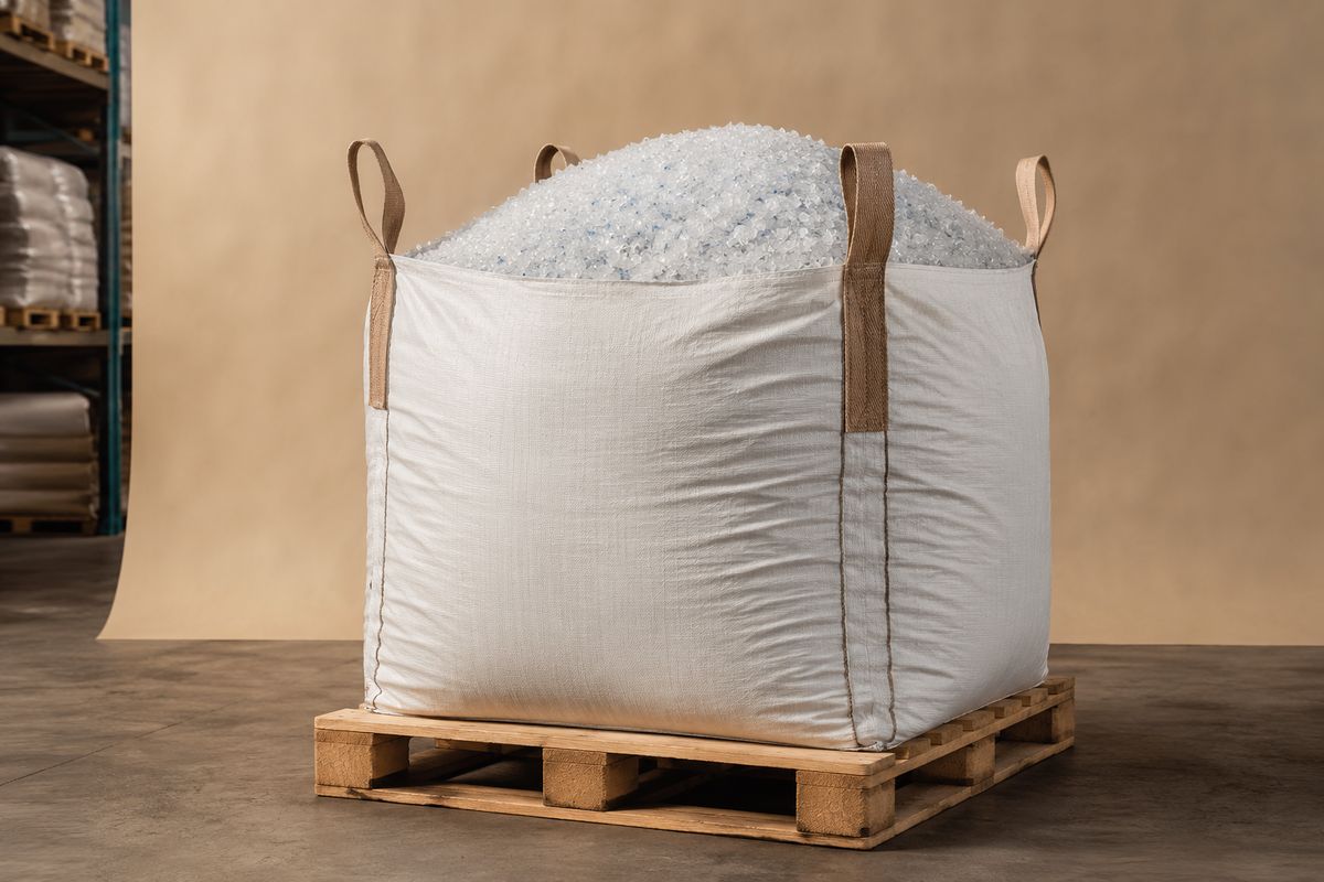 Big-bag 1000 kg płatków PET na palecie w magazynie
