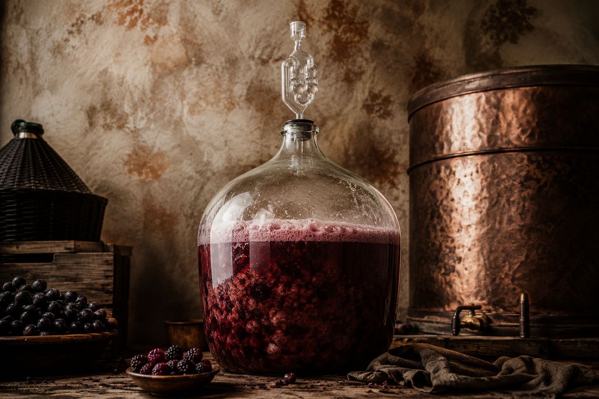 Aktywna fermentacja w gąsiorze winiarskim z rurką fermentacyjną