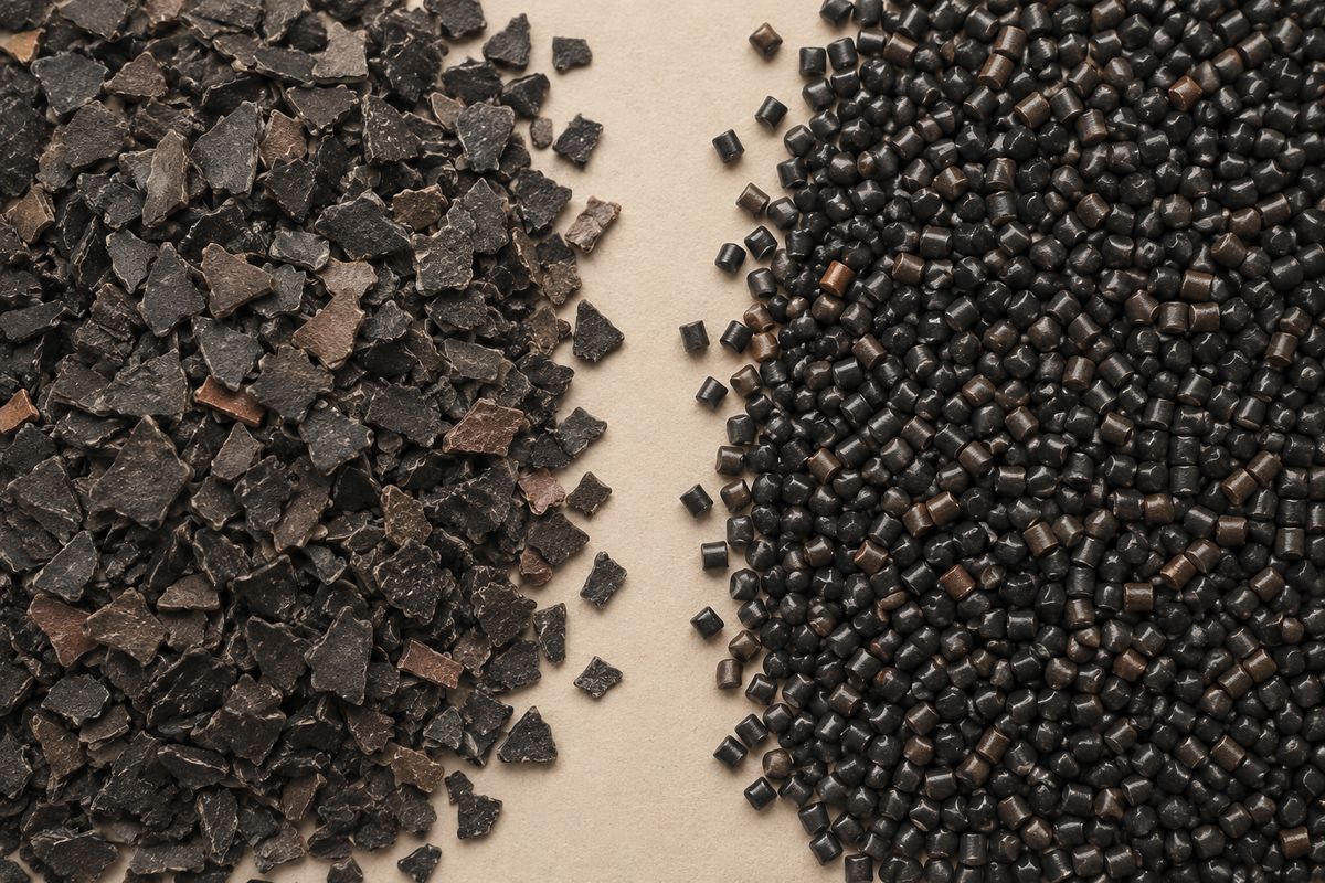 Porównanie przemiału HDPE i gładkich granulek regranulatu side by side